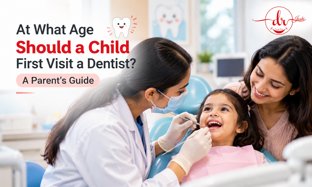 First dental visit for children with a dentist examining a young child while the mother looks on